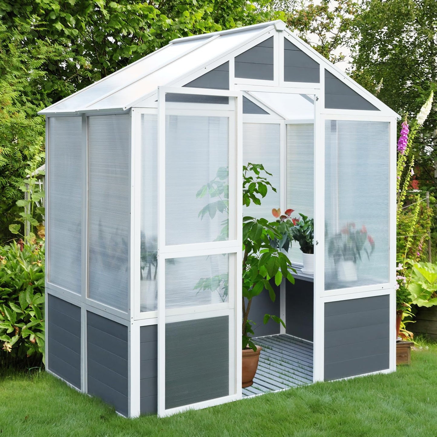 6'x4' Walk-in Greenhouse, Wood Frame Polycarbonate Greenhouse with 2 Shelf and Floor, Quick Installation Indoor Outdoor Grow House