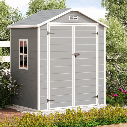 6 x 4.4 FT Resin Outdoor Storage Shed, Plastic Storage Shed with Reinforced Floor and Window, Lockable Door Garage Patio Garden Storage Shed for Lawn Mower, Garbage Can, Tools