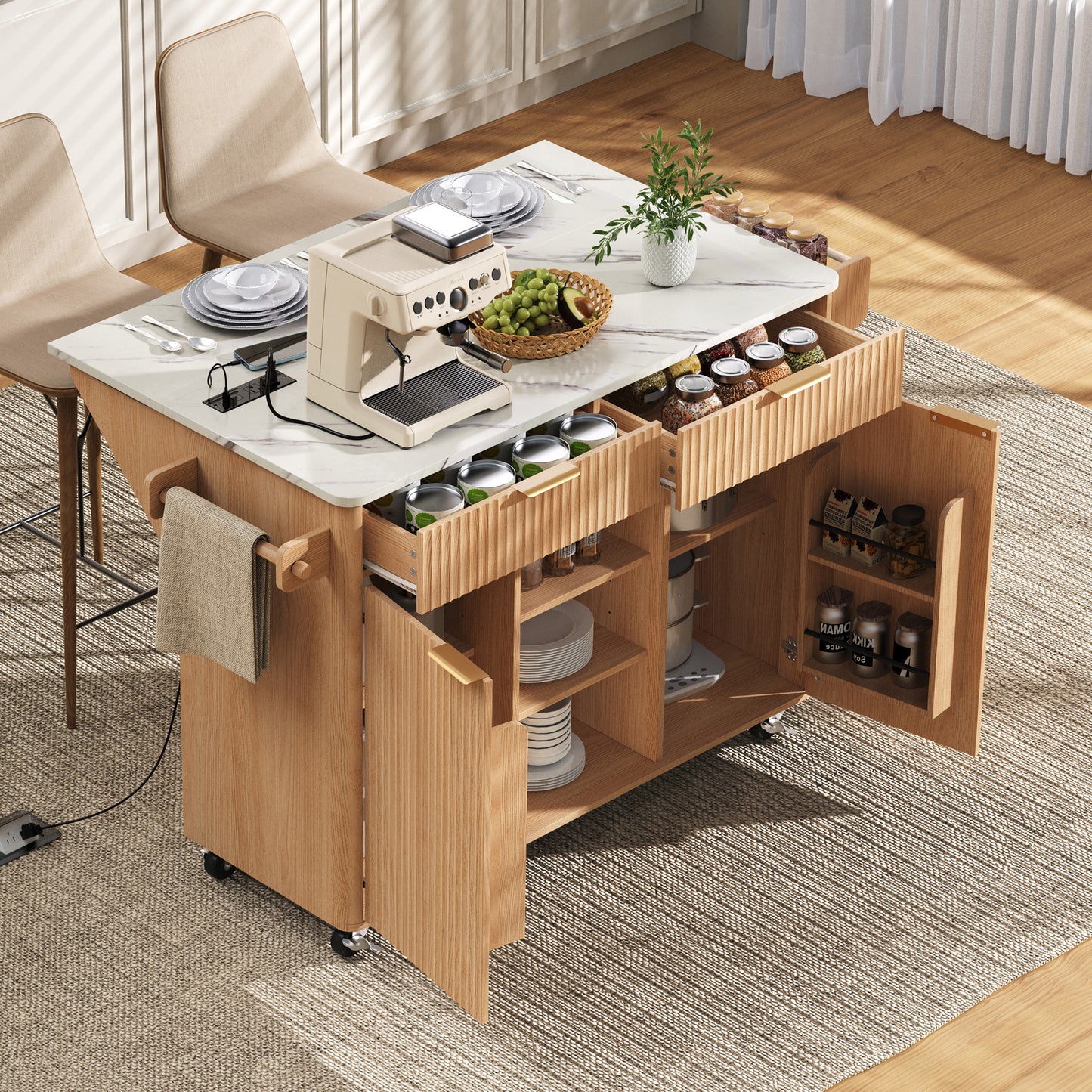 SESSLIFE 52” Fluted Kitchen Island Cart with Drop Leaf Tabletop, Built-in Power Outlet, Rolling Kitchen Storage Island with Adjustable Shelves, 2 Doors and 2 Drawers, Walnut Color Top, White