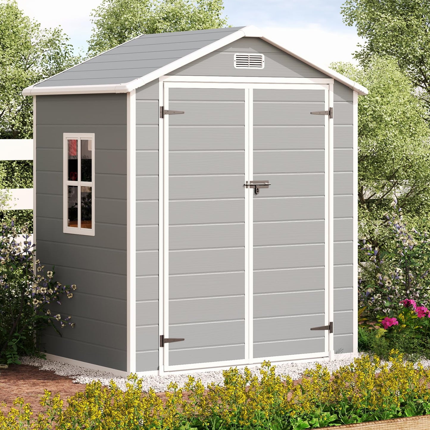 6' x 4.4' Plastic Outdoor Shed, All-Weather Resin Large Backyard Storage Sheds with Reinforced Floor, Lockable Door Garage Patio Garden Storage Shed