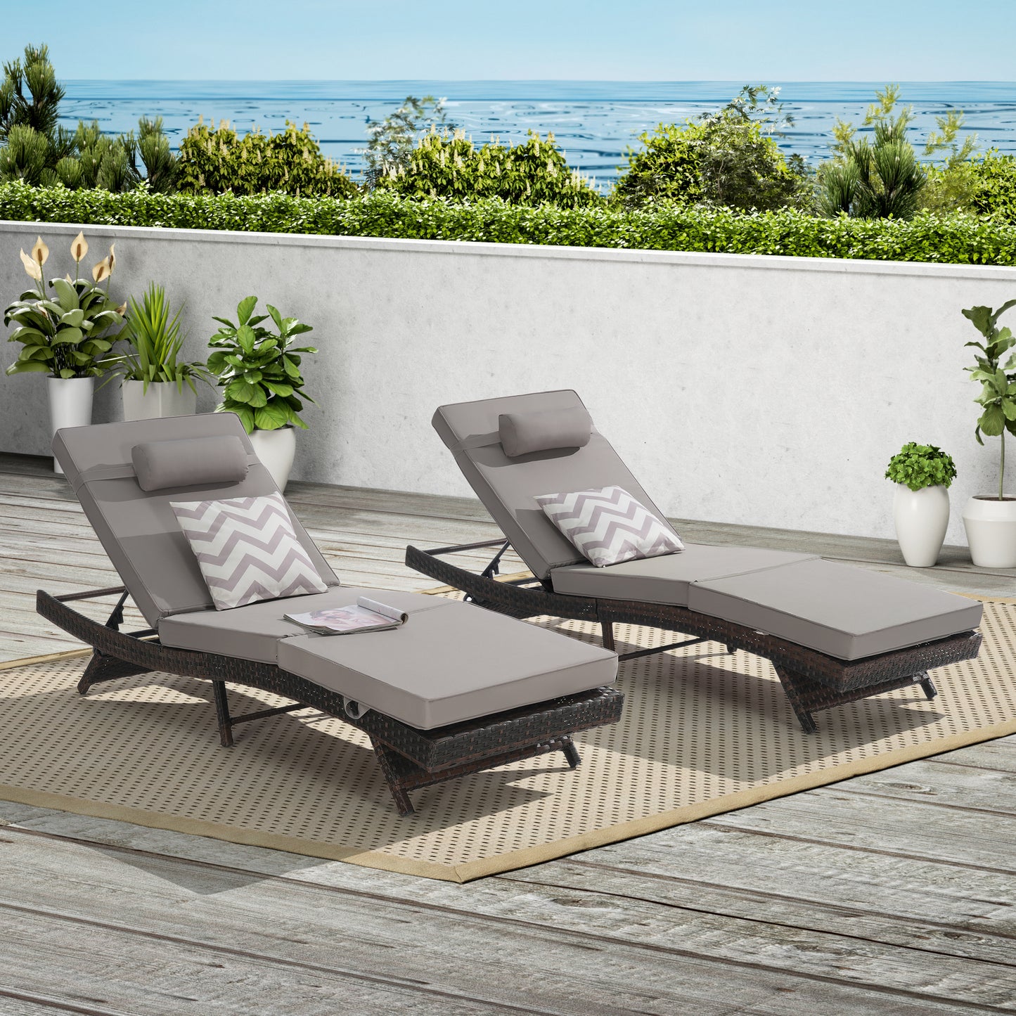 Outdoor Chaise Lounge Chair Set of 2, Wicker Outdoor Lounger Recliner with Cushions and 5-Level Adjustment Backrest, Modern Patio Lounge Chair for Poolside, Garden, Dark Grey
