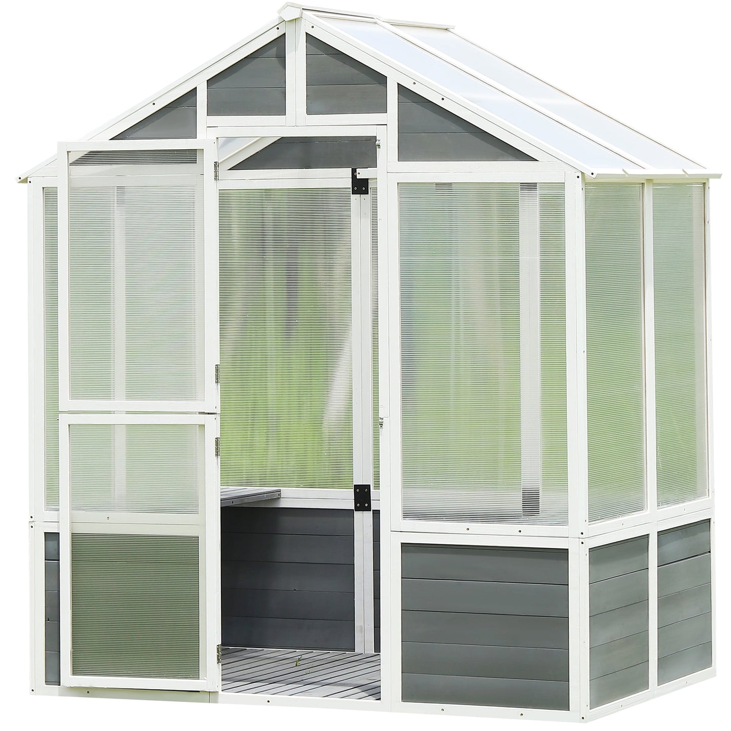 6'x4' Walk-in Greenhouse, Wood Frame Polycarbonate Greenhouse with 2 Shelf and Floor, Quick Installation Indoor Outdoor Grow House