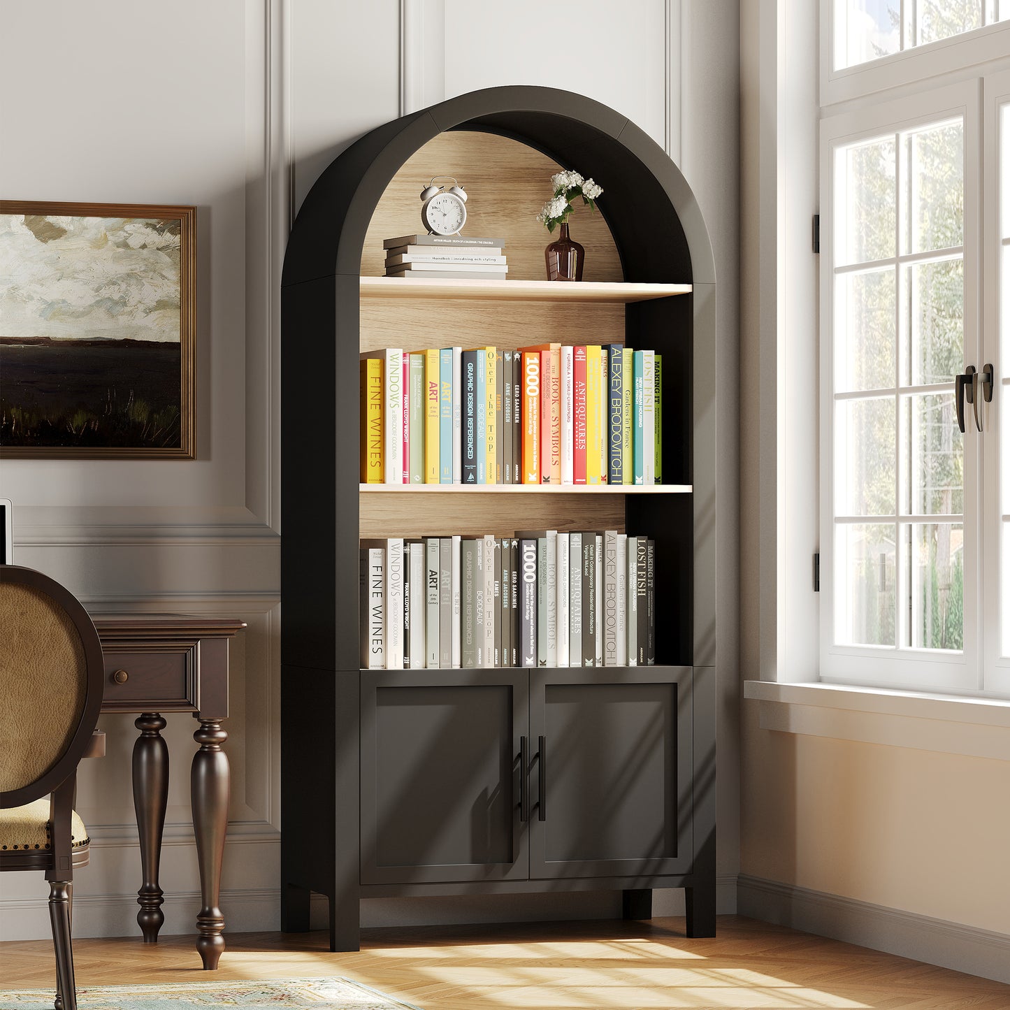 66.7" Arched Bookcase, Wood Tall Arched Cabinet with 2 Doors, Mid-Century Modern Arched Bookshelf with Open Display Storage Shelf for Home Office, Dining Room, Living Room, Black