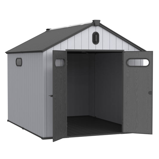 8x10ft Outdoor Resin Storage Shed, 550 cu.ft All-Weather Plastic Shed with Reinforced Floor, Lockable Doors and Vents, Gray Plastic Storage Shed for Backyard Garden Poolside