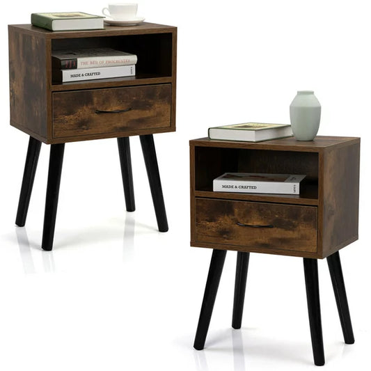 Mid Century Nightstand Set of 2, Sesslife Wood Side Table with Drawer, Open Storage Shelf, Black Splayed Legs, 15.75"L x 11.81"W Table Top, Rustic End Table for Bedroom Living Room