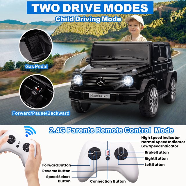 24V Ride on Toys for Kids, Mercedes-Ben G500 Battery Powered Ride on Cars with Remote Control, Music Player, Bluetooth, USB, LED Light, 3 point Safety Belt, Electric car for Kids Gift 3-6, Black