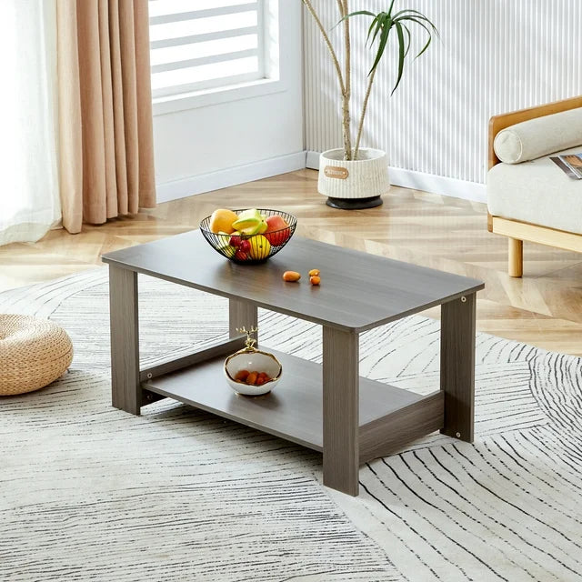 Sesslife 2-Tier Coffee Table, 35.4'' Modern Wood Coffee Table, Rectangular Coffee Table with Storage Space for Living Room, Brown
