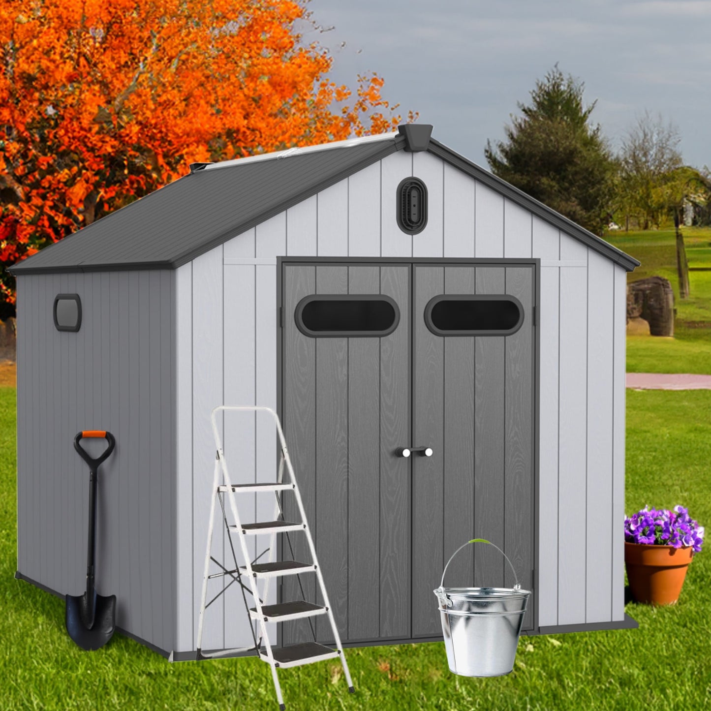 8x10ft Outdoor Resin Storage Shed, 550 cu.ft All-Weather Plastic Shed with Reinforced Floor, Lockable Doors and Vents, Gray Plastic Storage Shed for Backyard Garden Poolside