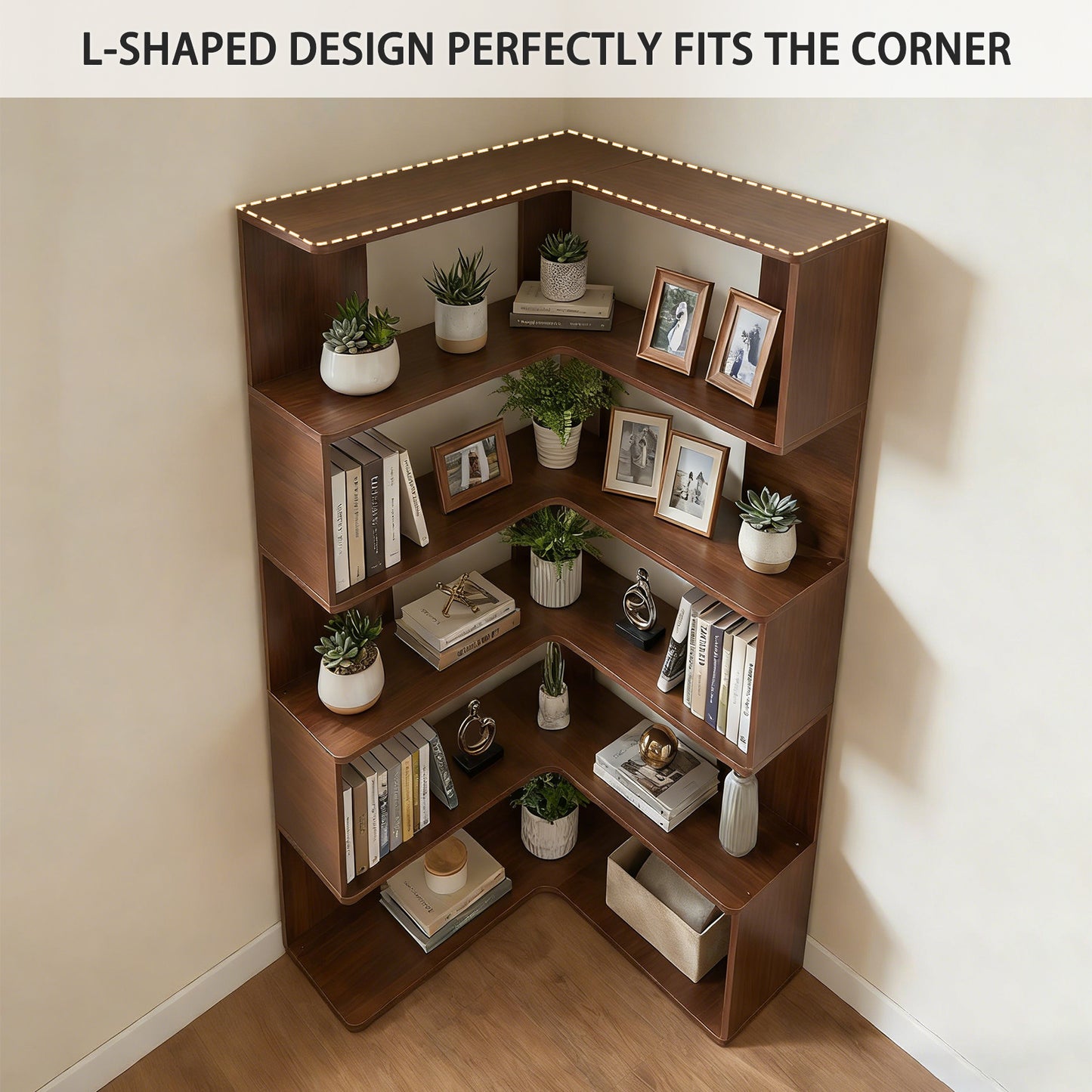 SESSLIFE 6 Tier Corner Bookshelf, 66" Tall L-Shaped Corner Shelf with Baffle, Freestanding Open Display Bookcase for Living Room, Bedroom, Home Office, Walnut