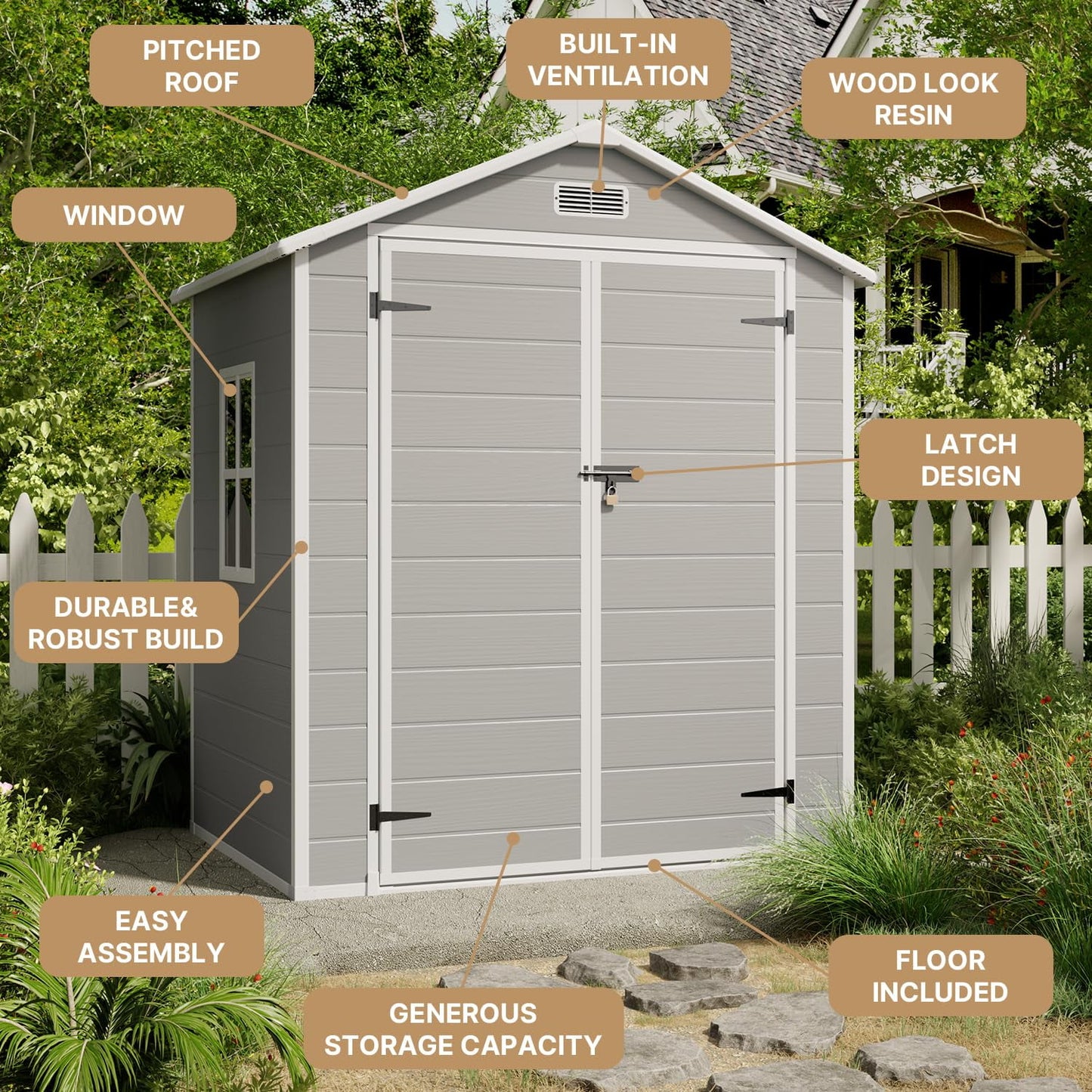 6' x 4.4' Plastic Outdoor Shed, All-Weather Resin Large Backyard Storage Sheds with Reinforced Floor, Lockable Door Garage Patio Garden Storage Shed