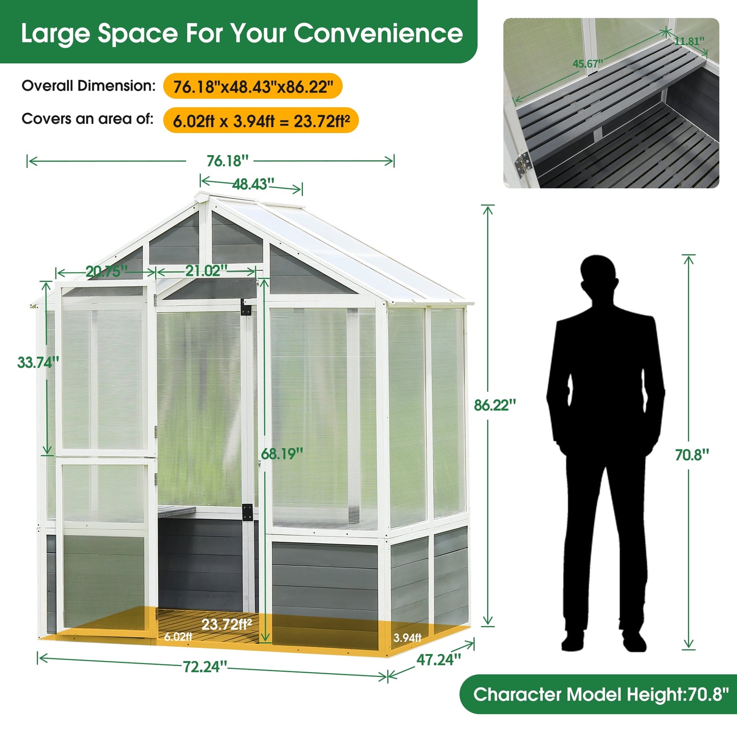 6'x4' Walk-in Greenhouse, Wood Frame Polycarbonate Greenhouse with 2 Shelf and Floor, Quick Installation Indoor Outdoor Grow House