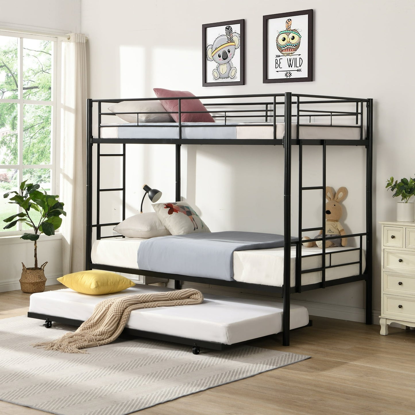 Twin Bunk Bed with Trundle, Metal Bed Frame Bunk Beds for Kids Teens Adult with Ladder and Safety Guardrails, Twin Over Twin Bunk Bed Can be Split into 3 Twin Bed, TE736