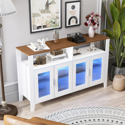 Sideboard Buffet Cabinet, Modern Coffee Bar Cabinet with Lights, Glass Doors and Shelves, Wood Storage Cabinet for Kitchen, Living Room, Dining Room, White/Brown