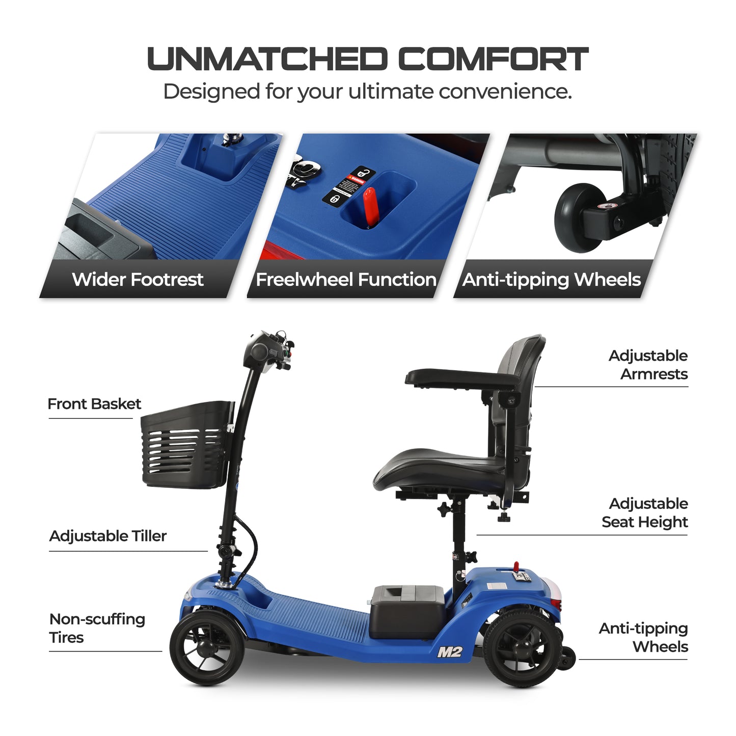 ENYOPRO 4 Wheel Electric Scooter for Adults, Foldable All-Terrain Mobility Scooter for Seniors with Bright Headlights, USB Port, Basket and Long-Range Battery
