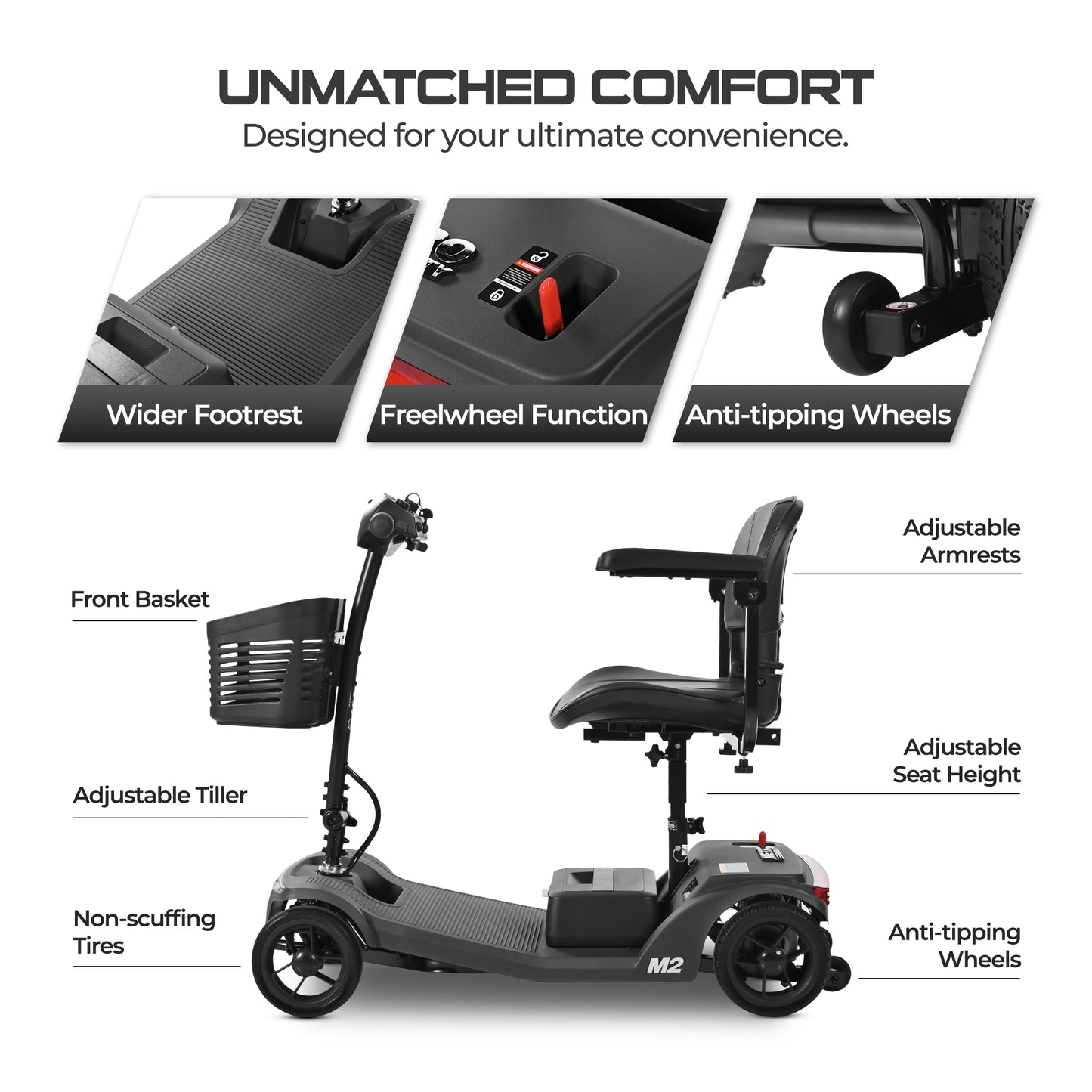 ENYOPRO 4 Wheel Electric Scooter for Adults, Foldable All-Terrain Mobility Scooter for Seniors with Bright Headlights, USB Port, Basket and Long-Range Battery