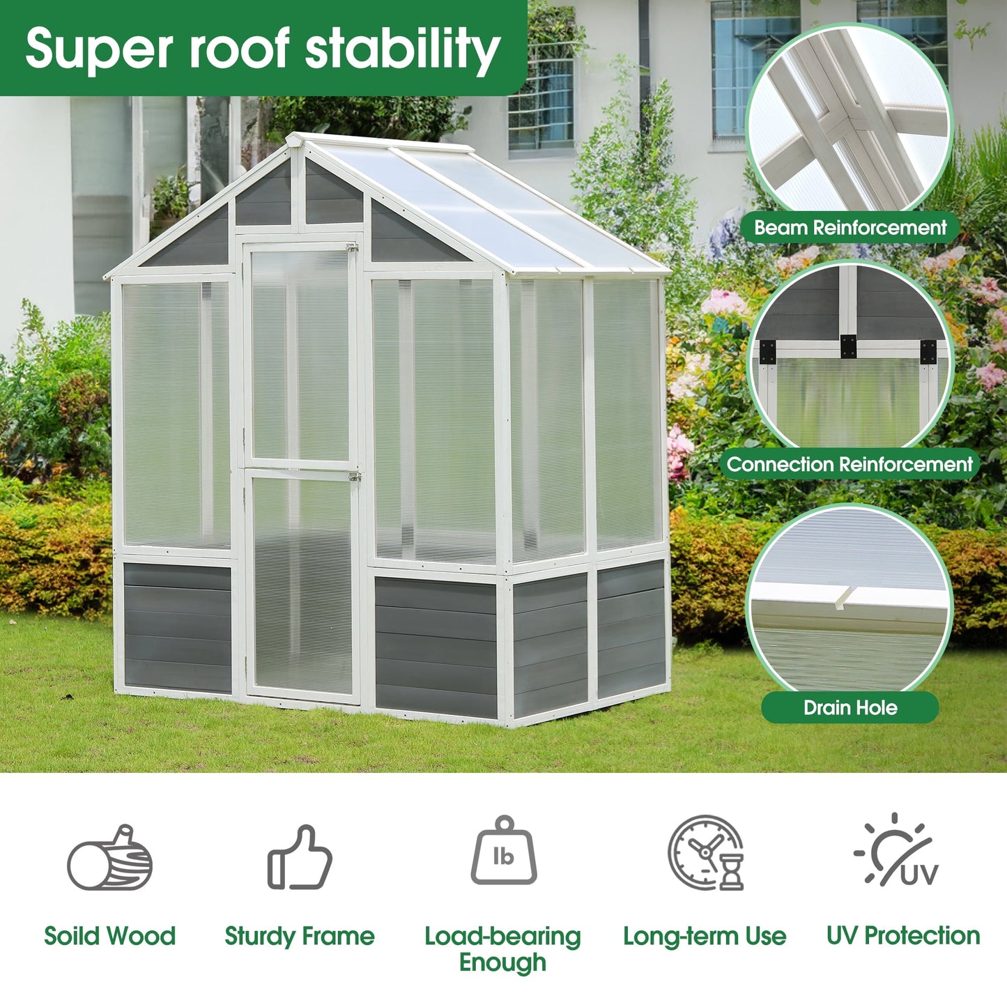 6'x4' Walk-in Greenhouse, Wood Frame Polycarbonate Greenhouse with 2 Shelf and Floor, Quick Installation Indoor Outdoor Grow House