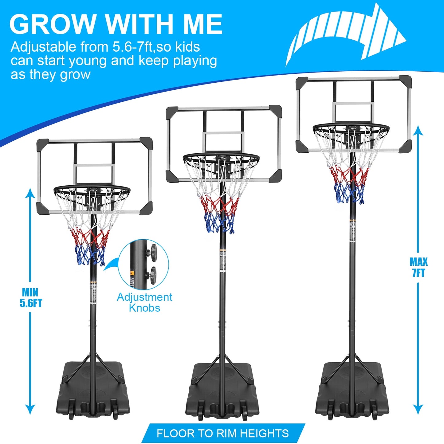 Basketball Hoop for Kids, Indoor Outdoor Basketball Court, 5.6ft-7ft Height Adjustable Basketball Goal with Removable Wheels