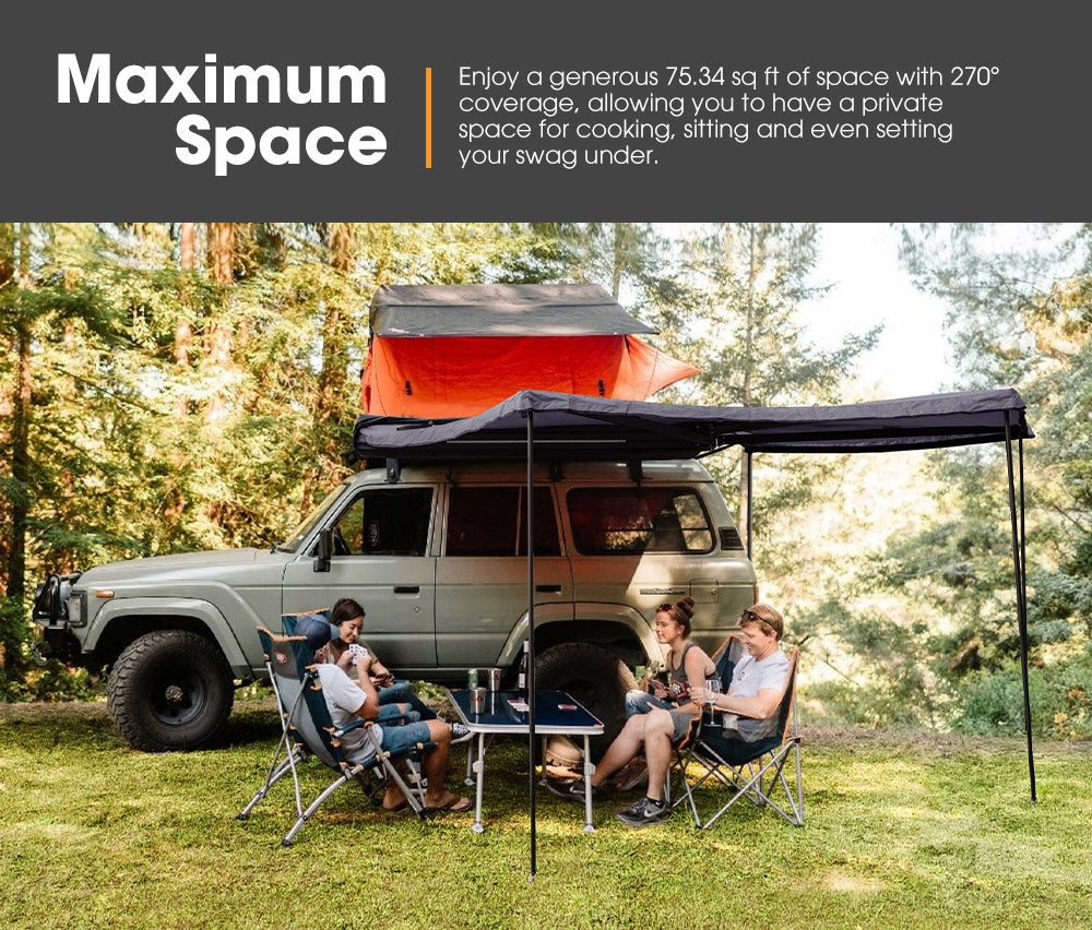 270 Degree Awning for Camper, Free Standing RV Awning Car Side Awning Tent with LED Light, 600D Double-Ripstop Oxford and 4X4 UPF50+ Large Complete Awning Kit for SUV Van Truck