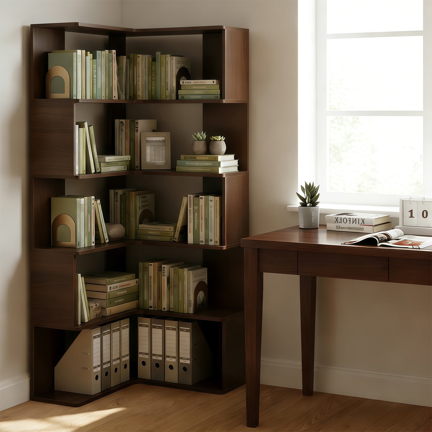 SESSLIFE 6 Tier Corner Bookshelf, 66" Tall L-Shaped Corner Shelf with Baffle, Freestanding Open Display Bookcase for Living Room, Bedroom, Home Office, Walnut
