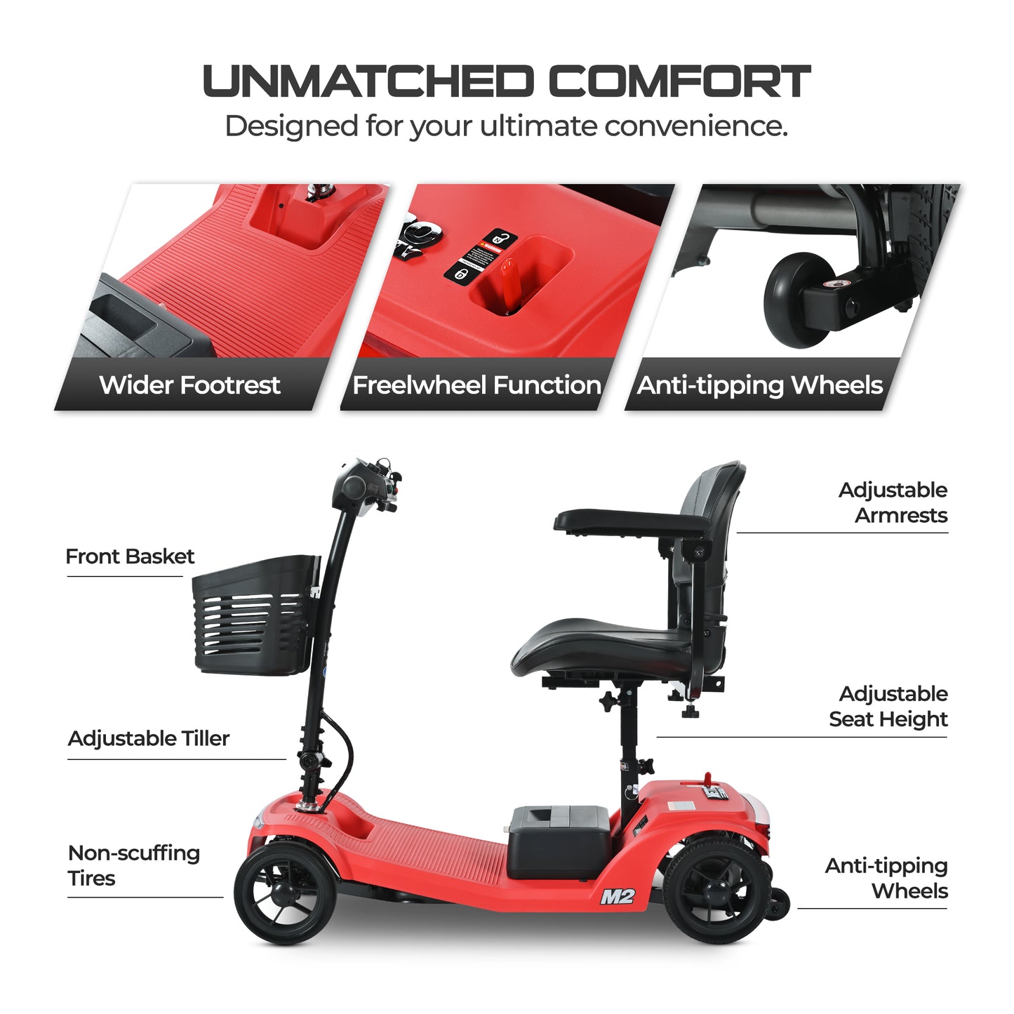 ENYOPRO Lightweight Mobility Scooters for Seniors, Foldable All-Terrain 4 Wheel Electric Mobility Scooter with Lithium Battery, USB Port, 330lbs, Car light, Basket Storage