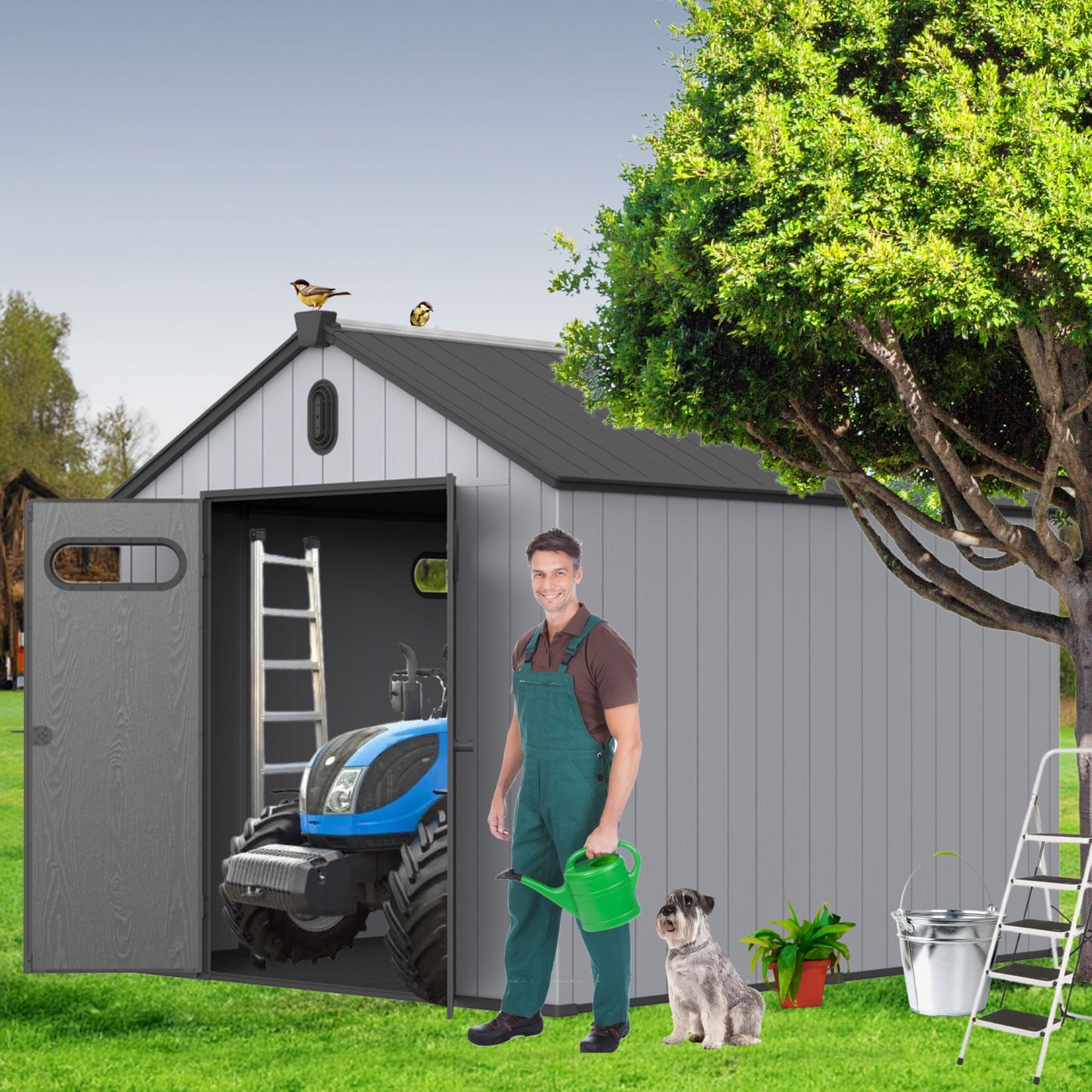 8x10ft Outdoor Resin Storage Shed, 550 cu.ft All-Weather Plastic Shed with Reinforced Floor, Lockable Doors and Vents, Gray Plastic Storage Shed for Backyard Garden Poolside