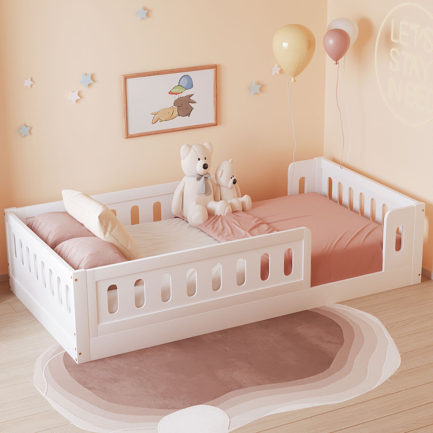 Twin Size Floor Bed Frame, SESSLIFE Twin Platform Bed with Fence for Kids, Wood Toddler Bed Montessori Floor Bed with Safety Guardrail for Boys Girls, No Box Spring Needed, White
