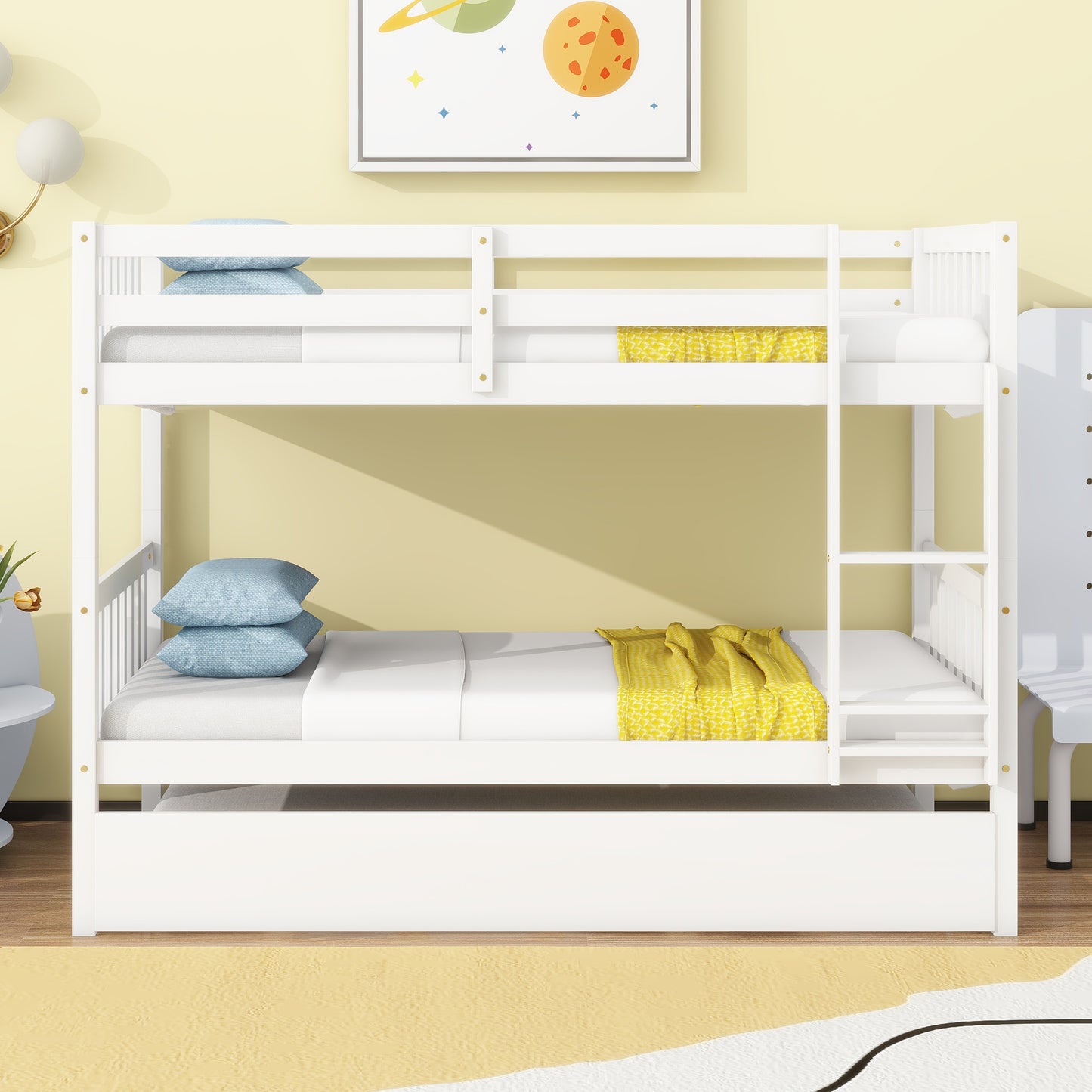 Sesslife Twin Over Twin Bunk Bed with Trundle, Wood Twin Over Twin Convertible Bunk Bed with Guardrails, Ladder, Bunk Bed for Kids, Dorm, Bedroom, White