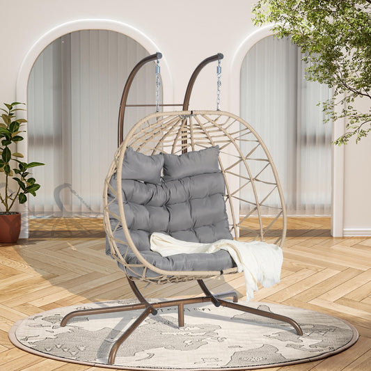 Double Egg Swing Chair with Stand, 2 Persons Hanging Egg Chair, 600LBS Capacity Indoor Outdoor Wicker Basket Oversized Hammock Chair for Backyard Balcony Bedroom, Brown Wicker+Gray Cushion