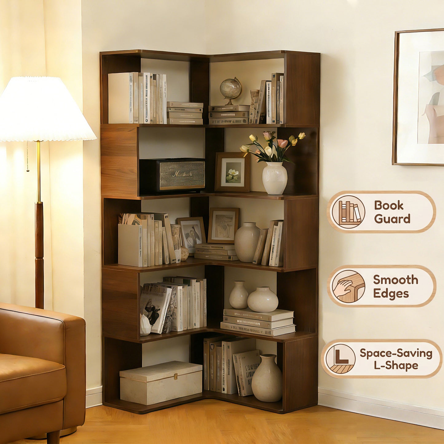 SESSLIFE 6 Tier Corner Bookshelf, 66" Tall L-Shaped Corner Shelf with Baffle, Freestanding Open Display Bookcase for Living Room, Bedroom, Home Office, Walnut