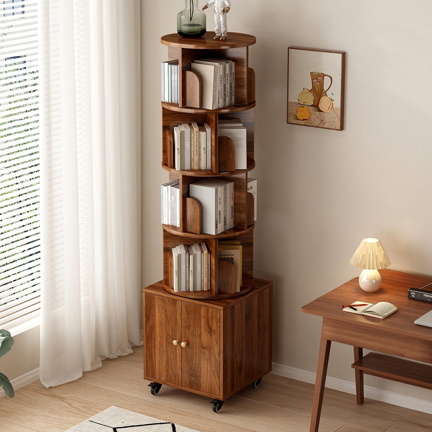 SESSLIFE 6 Tier Rotating Bookshelf, 360° Spinning Corner Bookcase for Small Space, Tall Narrow Wood Book Storage with Wheels, Space Saving Organizer for Living Room, Walnut