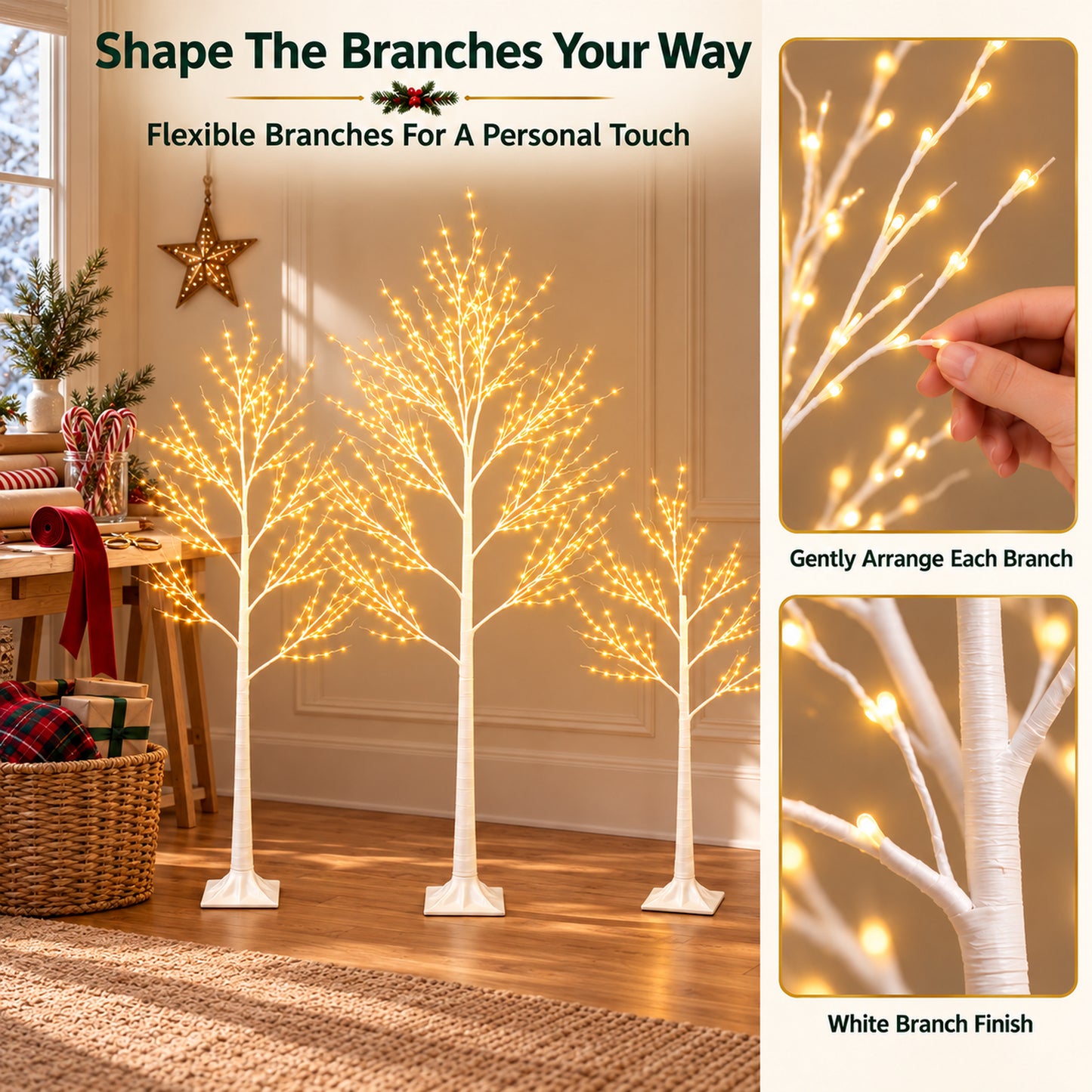 SESSLIFE Christmas Decor Birch Tree Set, 3 Piece Pre-lit Christmas Trees 4/5/6 FT, Indoor Outdoor Christmas Decoration Trees for Home Party Patio Backyard, White
