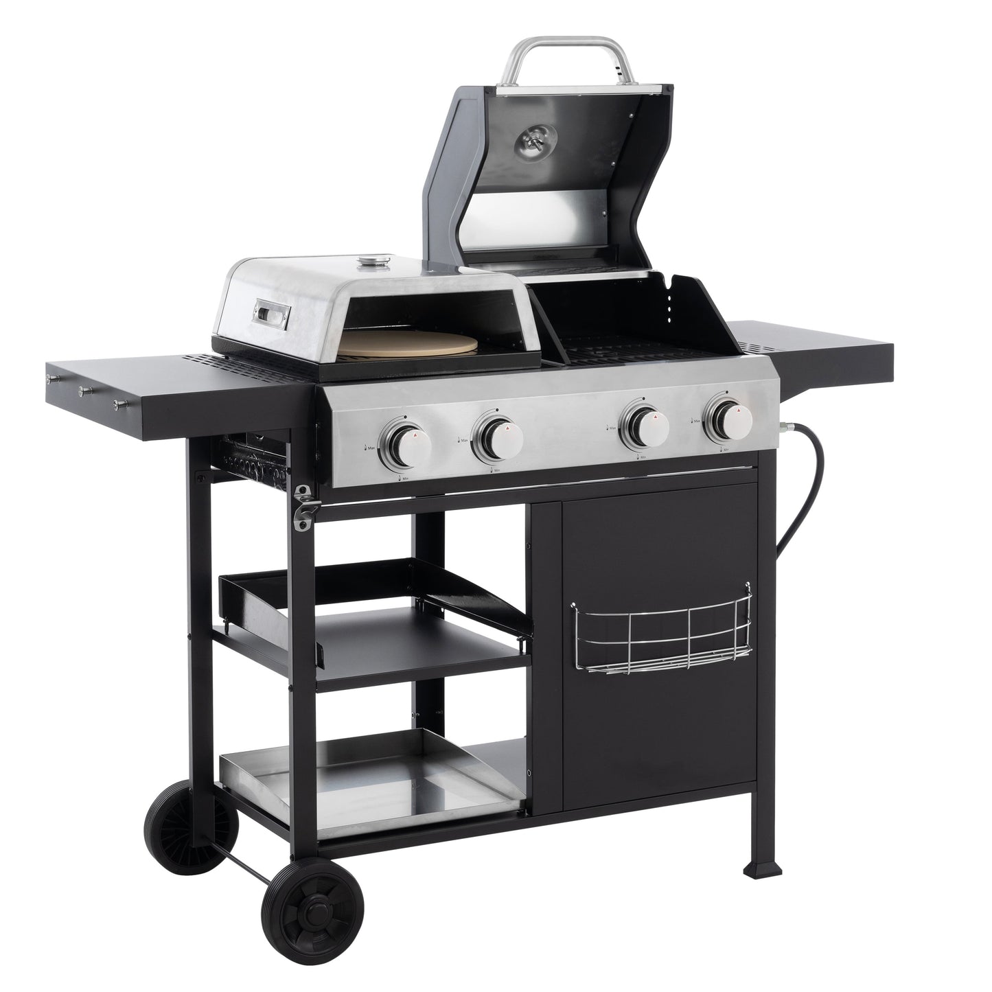 4 Burner Multi-function Propane Gas Grill, 3 IN 1 Gas Grill and Griddle Combo for Barbecue Fring Pizza, 49200 BTU BBQ Gril Griddle Outdoor Cooking Station with Storage and Side Shelves