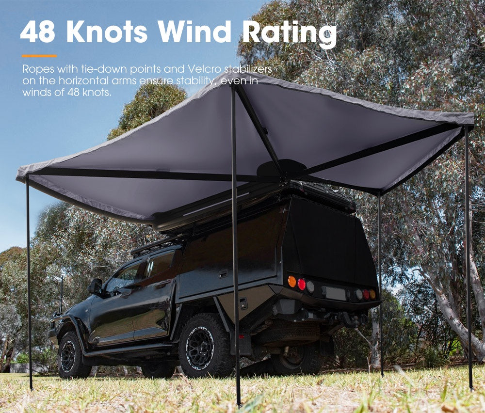 270 Degree Awning for Camper, Free Standing RV Awning Car Side Awning Tent with LED Light, 600D Double-Ripstop Oxford and 4X4 UPF50+ Large Complete Awning Kit for SUV Van Truck