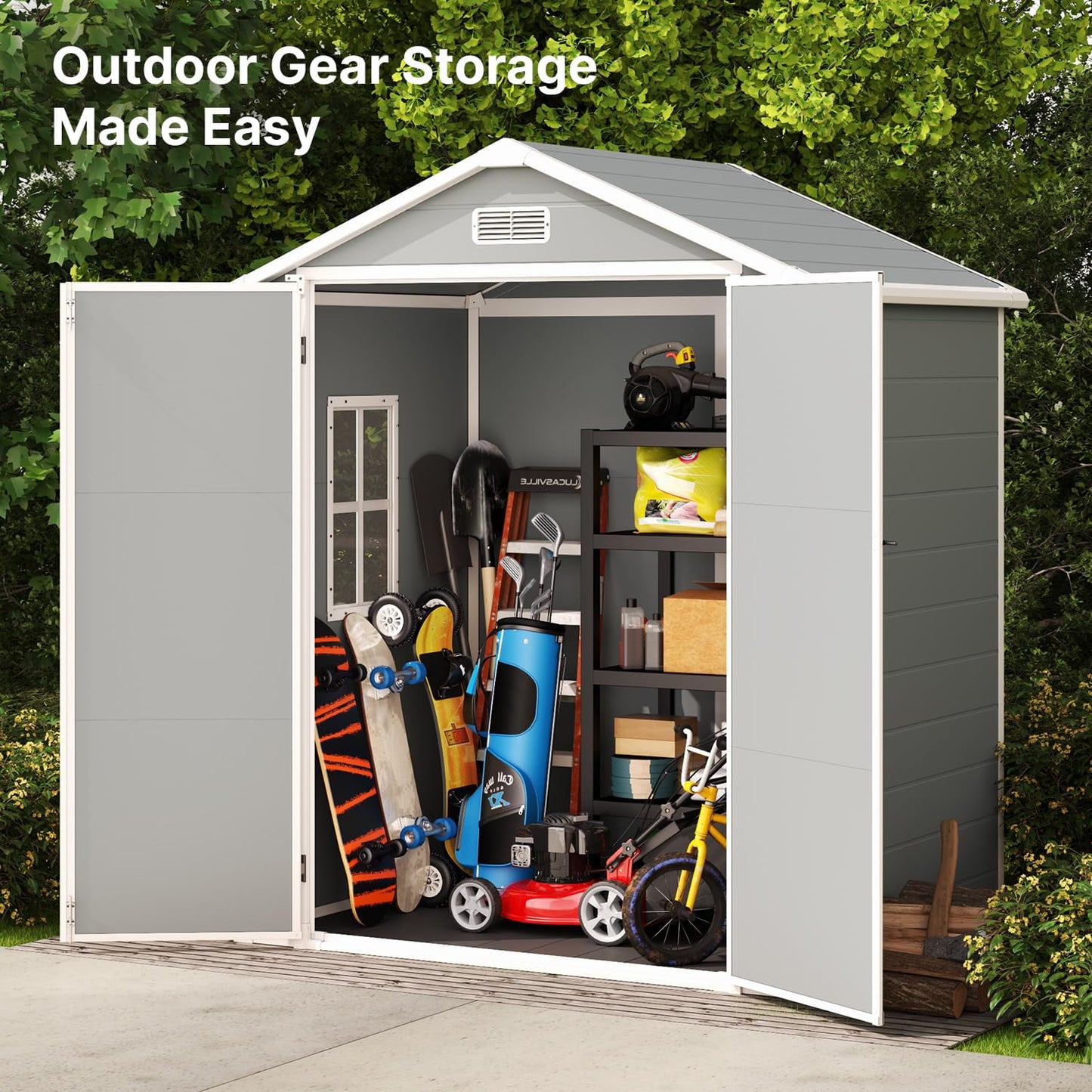 6' x 4.4' Plastic Outdoor Shed, All-Weather Resin Large Backyard Storage Sheds with Reinforced Floor, Lockable Door Garage Patio Garden Storage Shed