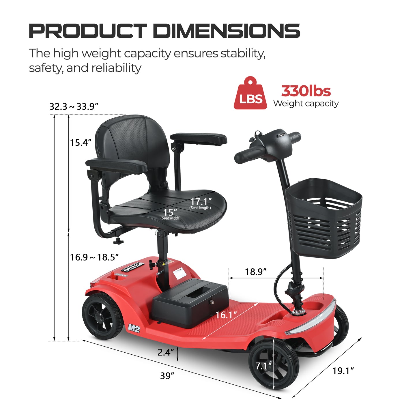 ENYOPRO Lightweight Mobility Scooters for Seniors, Foldable All-Terrain 4 Wheel Electric Mobility Scooter with Lithium Battery, USB Port, 330lbs, Car light, Basket Storage