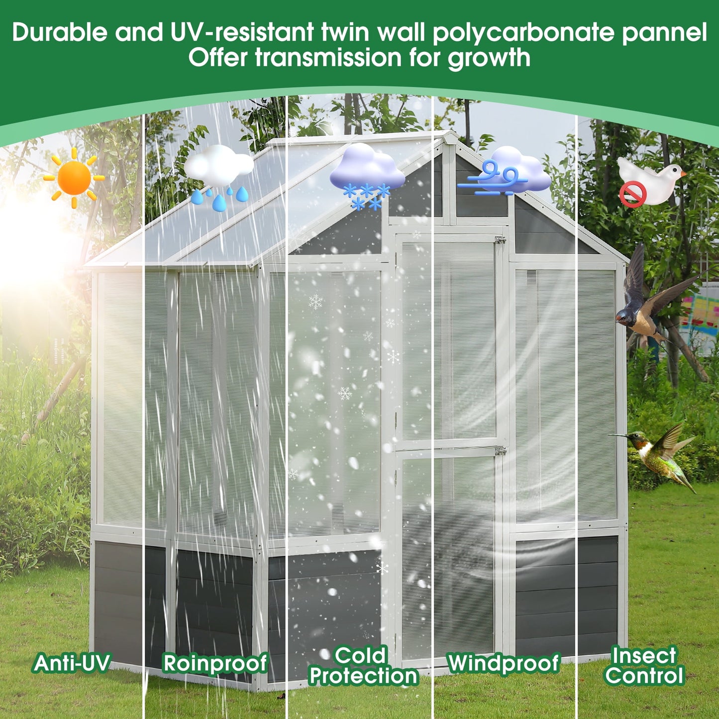 6'x4' Walk-in Greenhouse, Wood Frame Polycarbonate Greenhouse with 2 Shelf and Floor, Quick Installation Indoor Outdoor Grow House