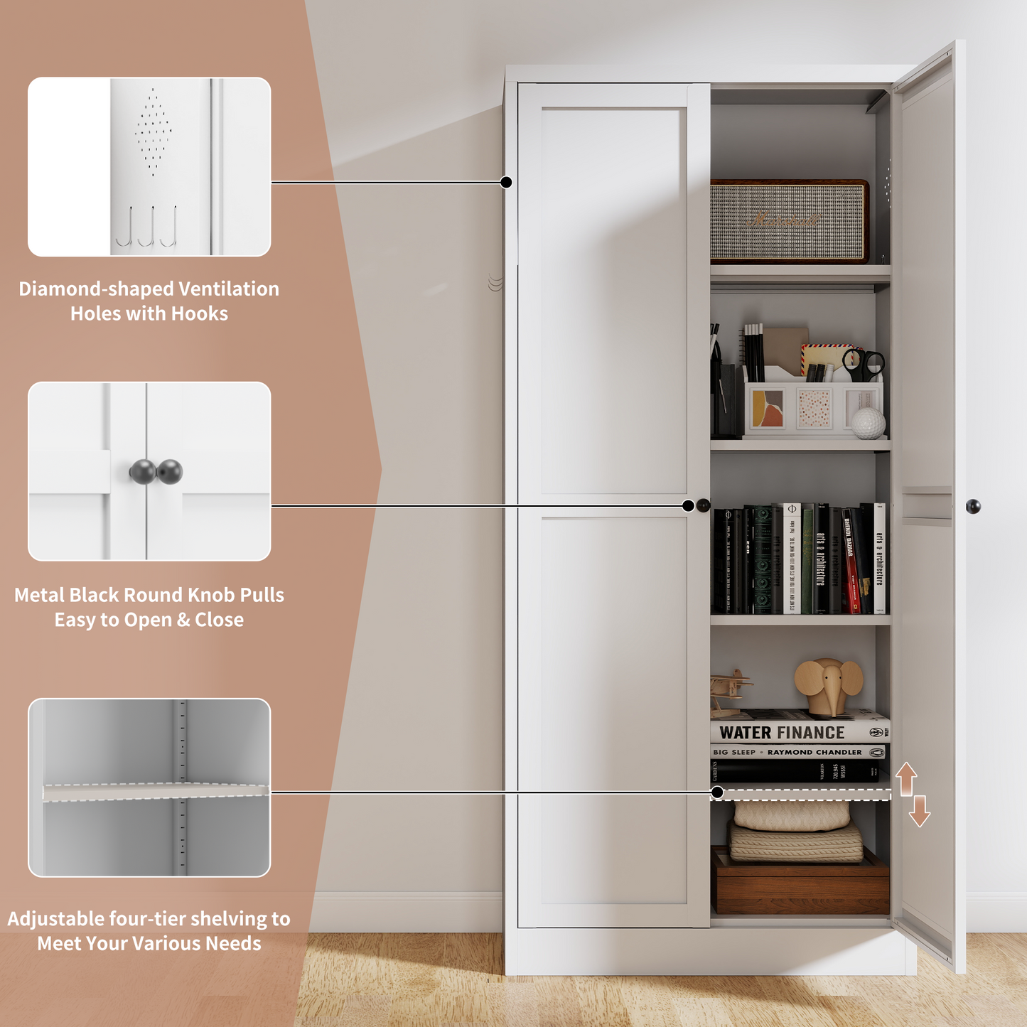 SESSLIFE 61" Modern Farmhouse Pantry Cabinet with Adjustable Shelves, Heavy-Duty White Metal Freestanding Organizer, Magnetic Closure and Anti-Tip for Kitchen/Pantry/Living Room