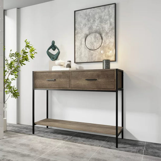 Narrow Console Table with Drawers, Sesslife Wood Entryway Table with Storage Shelf, 39.37" Long Side Table with Metal Frame for Entryway Hallway, Vintage Storage Entryway Furniture, Natural