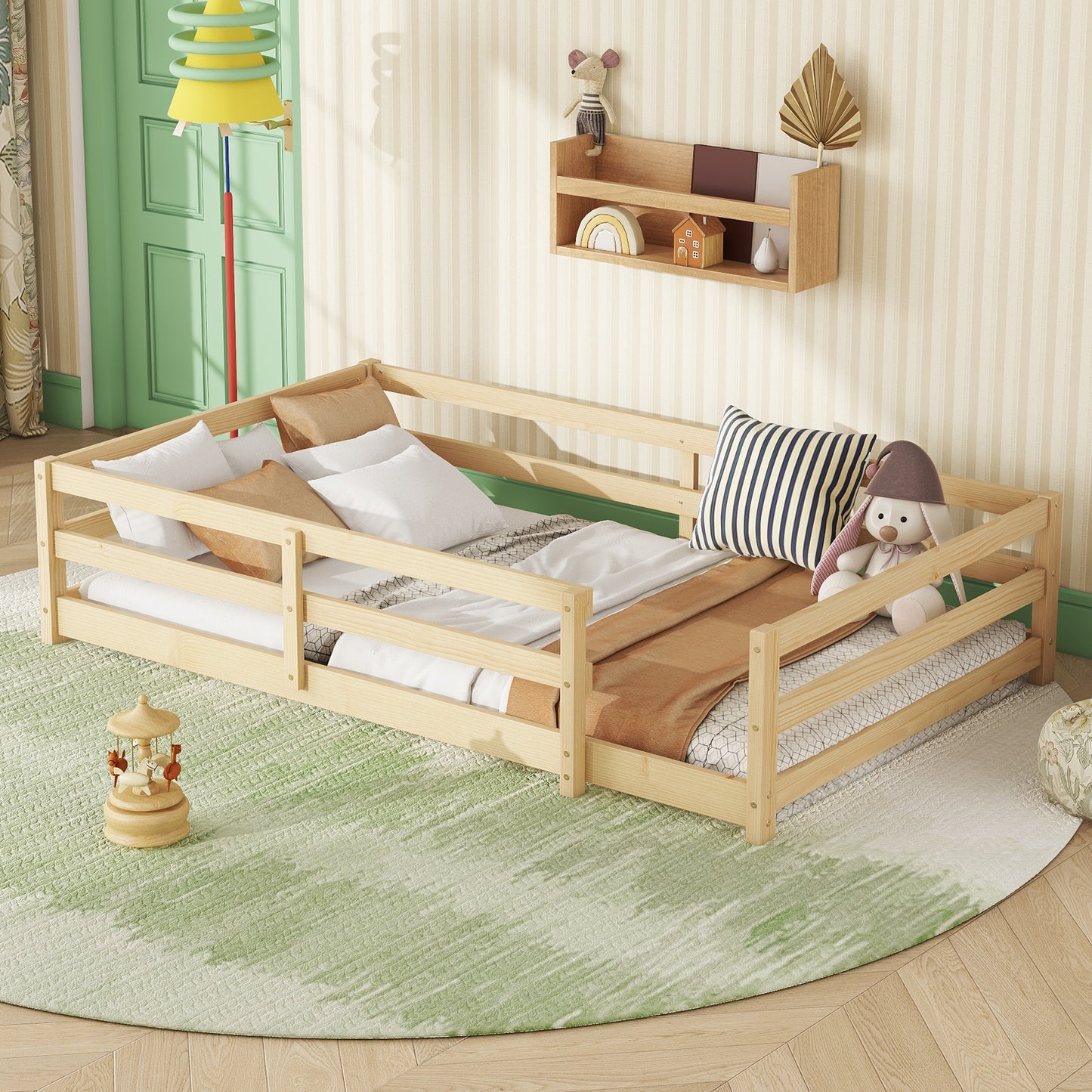Twin Size Floor Bed, Wood Montessori Floor Bed with Fence and Guardrails, Toddler Bed Frame for Kids, Boys, Girls, No Box Spring Needed, White