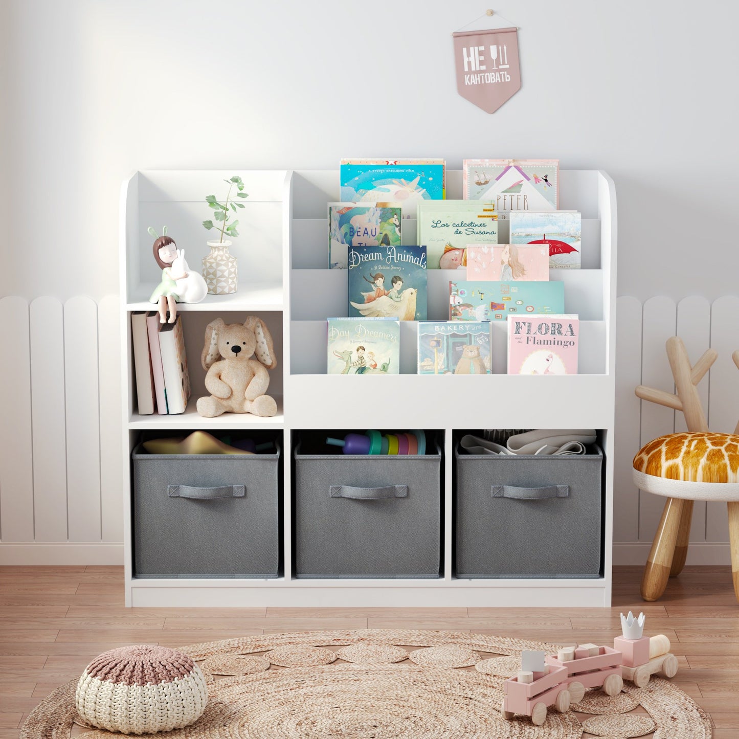 Sesslife Kids Bookshelf with Storage, Multifunctional Nursery Book Shelves, Toy Storage Cabinet with 3 Movable Drawers and 4-Tier Display Stand for Bedroom Playroom Kids Rooms, White
