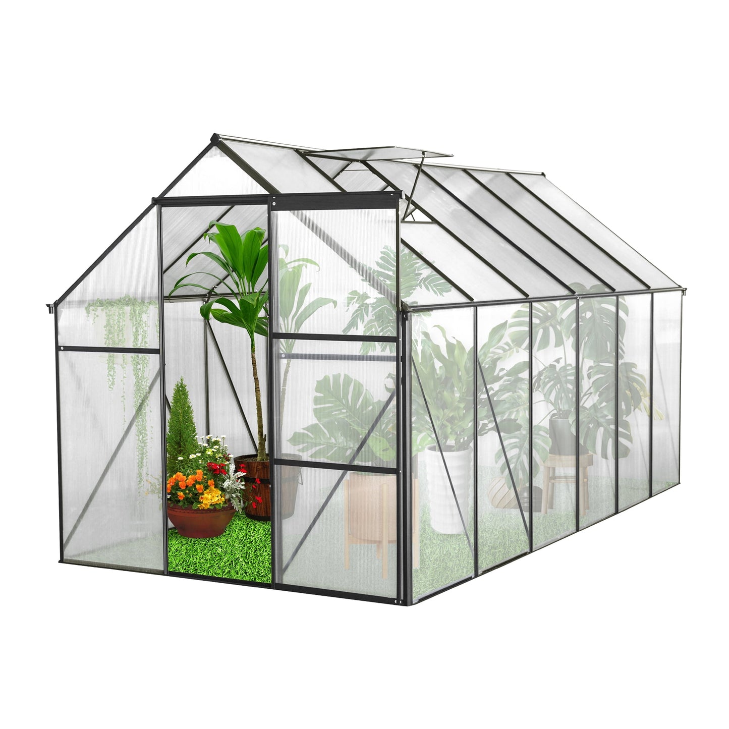 Greenhouse for Outdoors, 6.2' x 6.2' x 6.6' Aluminum Greenhouse with Window, Sliding Door