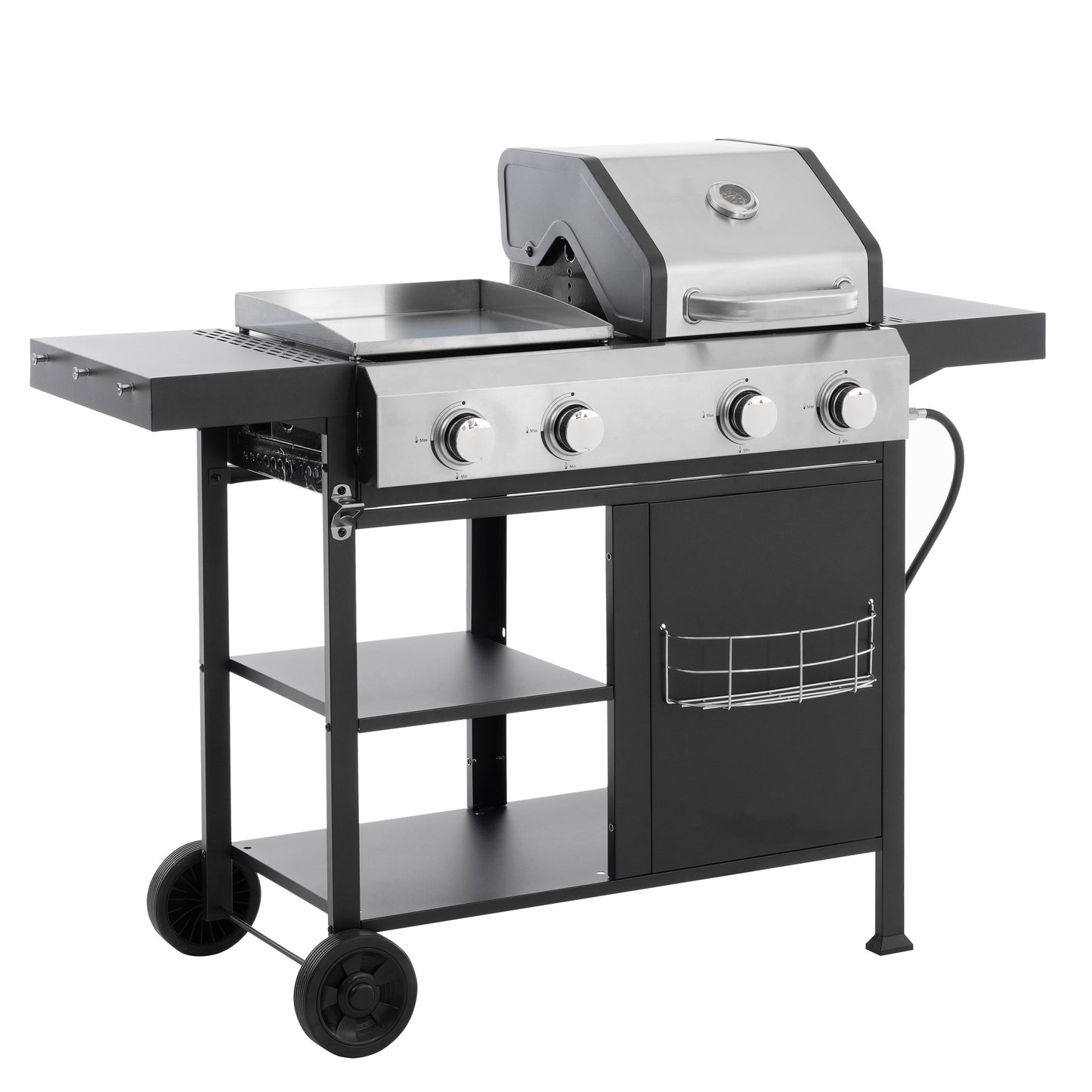 4 Burner Multi-function Propane Gas Grill, 3 IN 1 Gas Grill and Griddle Combo for Barbecue Fring Pizza, 49200 BTU BBQ Gril Griddle Outdoor Cooking Station with Storage and Side Shelves