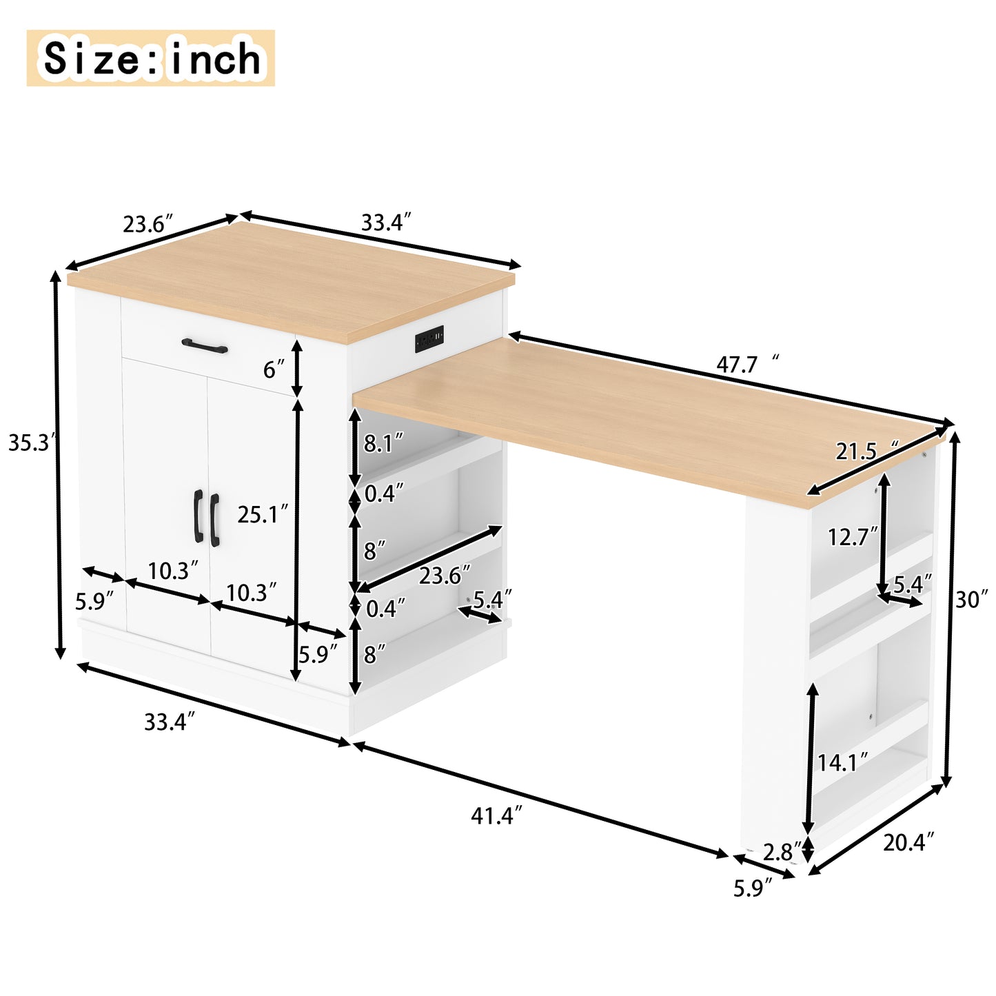 Large Extendable Kitchen Island for Family Use, Dining Table and Breakfast Bar with Storage Drawers, Cabinet Doors and Open Shelves, Ideal for Kitchen and Dining Room, White