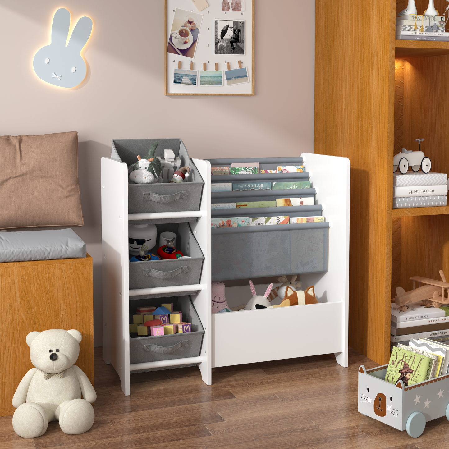 SESSLIFE 4 Tier Kids Bookshelf, Wooden Bookshelf for Kids with 3 Collapsible Fabric Drawers, Modern Toy Storage Organizer, Children’s Book Display for Playroom, Nursery, White/Grey