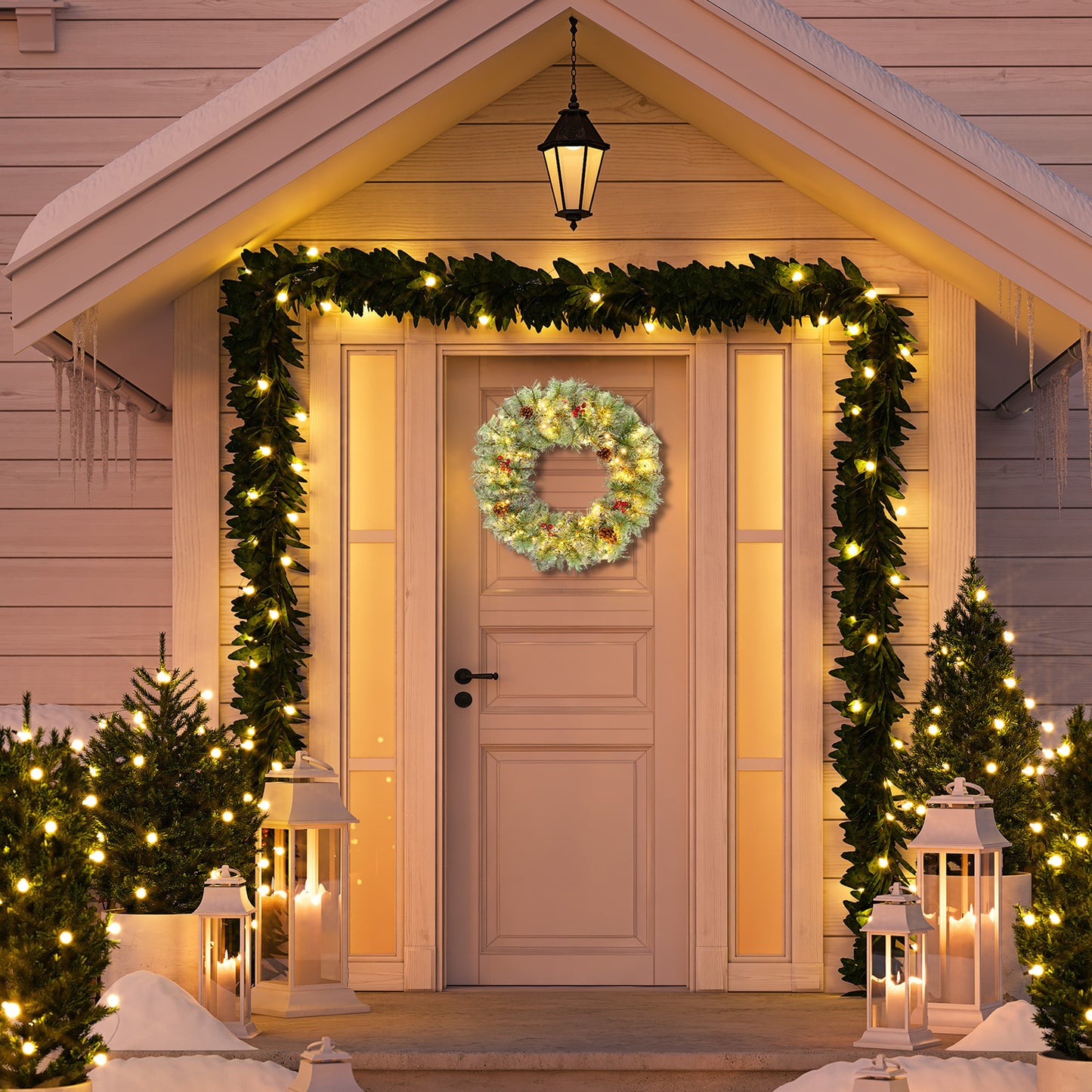 SESSLIFE 2Pcs Christmas Wreath, 24 Inch Pre-Lit Artificial Xmas Wreaths with 100 Warm White LEDs and Pine Cones, Battery Powered Artificial Wreaths for Indoor and Outdoor Decor