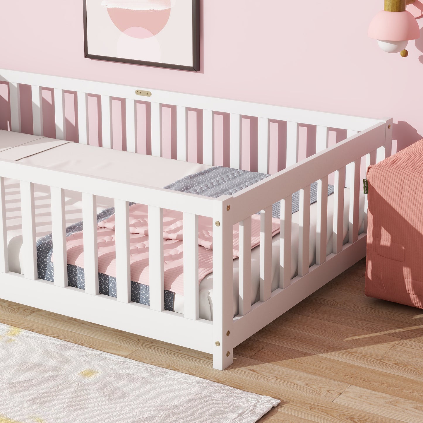 Sesslife Twin Montessori Floor Bed, Twin Size Floor Bed with Fence Without Door, Toddler Bed with Salts, Safety Guardrails, No Box Spring Needed, Twin Bed for Kids Girls, Boys, White