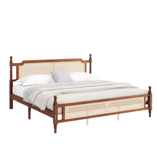 King Platform Bed Frame, Wood King Size Bed Frame with Rattan Headboard, Modern Bed Frame King with Central Enhanced for Adults, No Box Spring Needed, Walnut