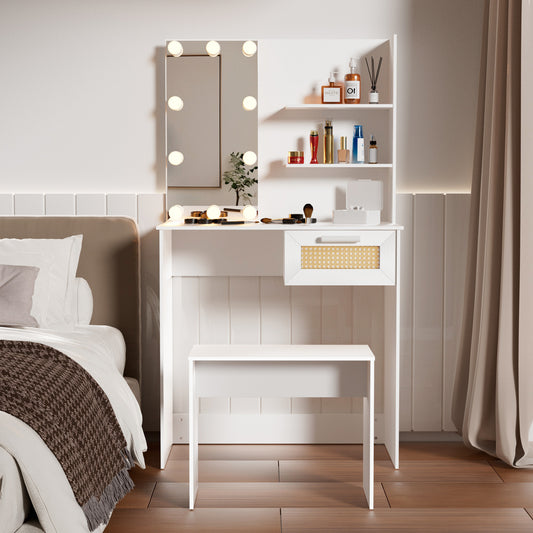 Vanity Desk Set, Modern Cosmetic Table with Mirror and Stool, Freestanding Lighted Makeup Vanity Table Set with Drawer and Shelves, Wood Dressing Table for Bedroom, White