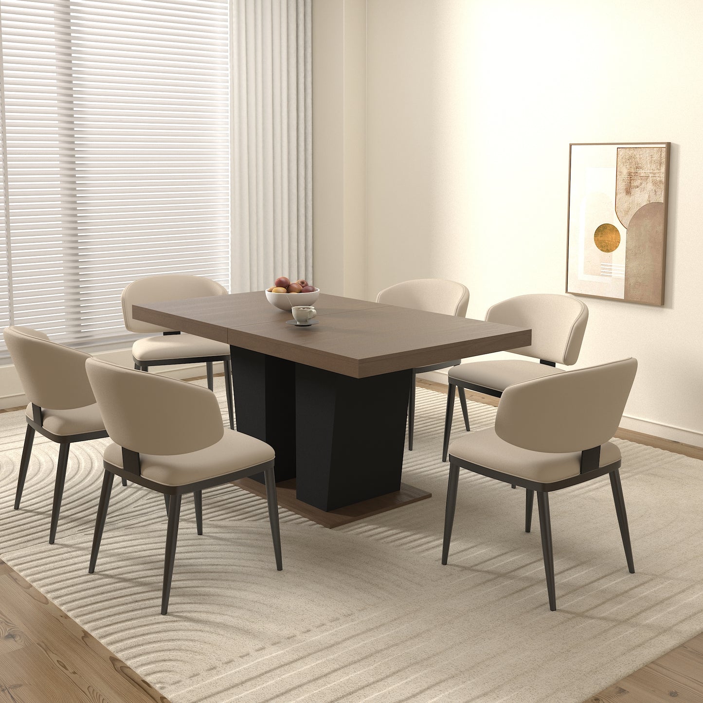 SESSLIFE Expandable Dining Table Set for 6 to 10 People, 63" to 79" Modern Farmhouse Kitchen Table with Double Pedestal Base, Scratch-Resistant Rustic Dining Room Table, Beige+Brown