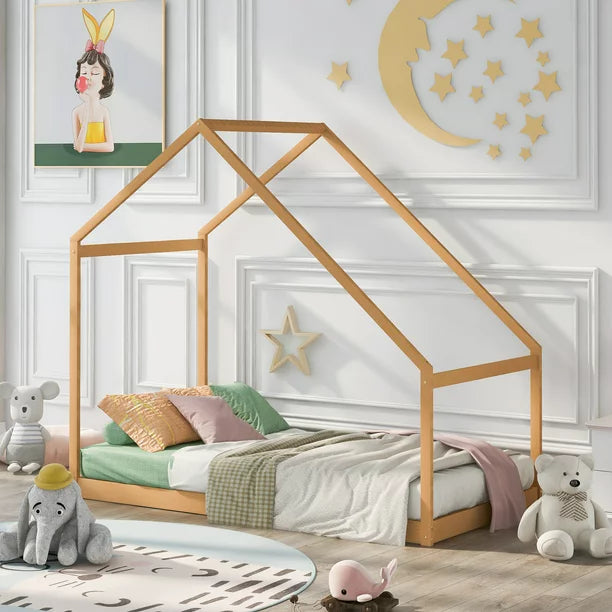 Sesslife Twin House Bed with Roof, Kids Floor House Bed Frame, Box Spring Needed, Easy Assembly, White